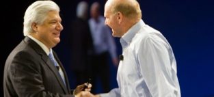 Then CEO Mike Lazaridis and Microsoft CEO Steve Ballmer at BlackBerry World 2011 in Orlando. The players at RIM's side of the table are different, but rumours of a Microsoft-Research in Motion alliance are back on the front burner today.