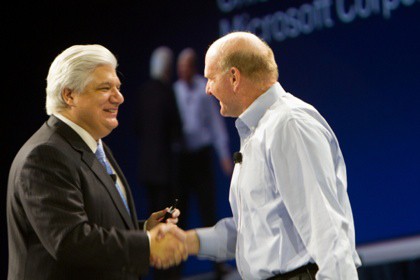 Then CEO Mike Lazaridis and Microsoft CEO Steve Ballmer at BlackBerry World 2011 in Orlando. The players at RIM's side of the table are different, but rumours of a Microsoft-Research in Motion alliance are back on the front burner today.