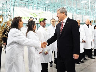 Prime Minister Stephen Harper visits Ecosynthetix's Burlington facility on December 2nd, 2011.