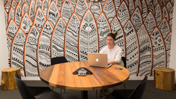 The various murals in the new HootSuite office represent aspects of the company culture and brand. This mural, painted by one of HootSuite’s husband and wife teams, Sandy and Steve Pell, represents both a love for the west coast surf scene, and the feathers of an owl.