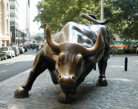 Arturo Di Modica's famous "Charging Bull" statue near Wall Street in New York.