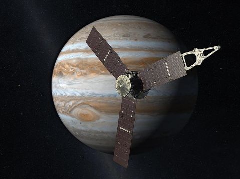 An artist's conception of Juno near Jupiter.