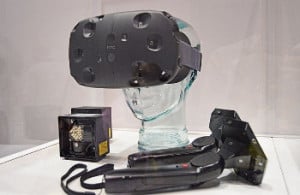 SteamVR virtual reality hardware. Note the controllers at the bottom, right.