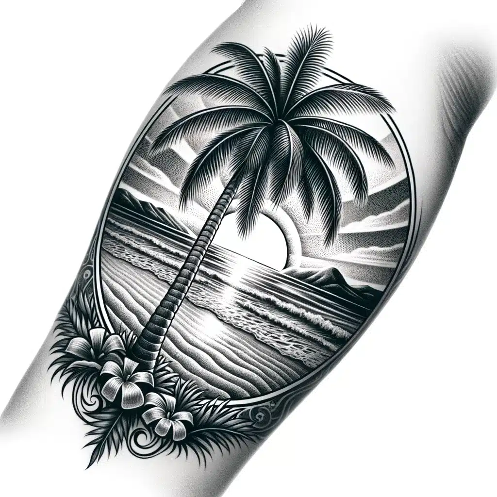 Dotwork Beach Tattoo Sleeve for Beach Lovers, Palm Tree and Sunshine Tattoo,  Tropical Sleeve Tattoo With Sunset, Landscape Tattoo Forearm - Etsy